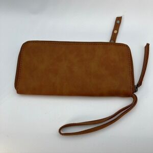Free People Vegan Leather Wallet Wristlet Brown Zip Around Studded Detail